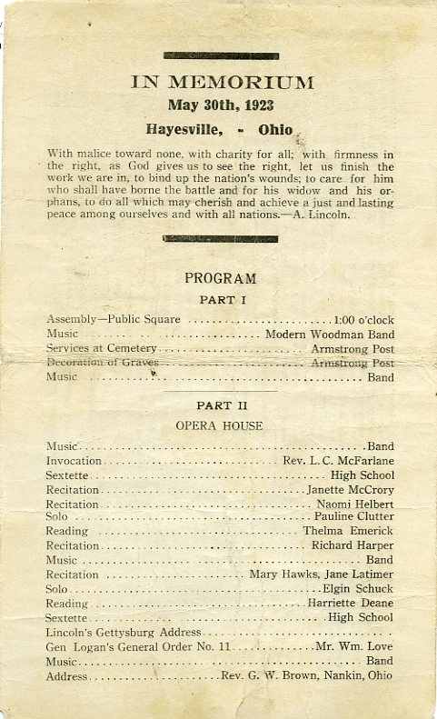 1923 Hayesville Memorial Day program