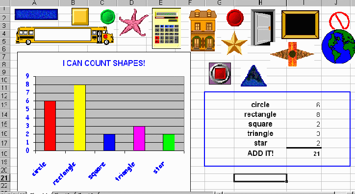 Image of a spreadsheet with various shapes for the elementary student to use for graphing.