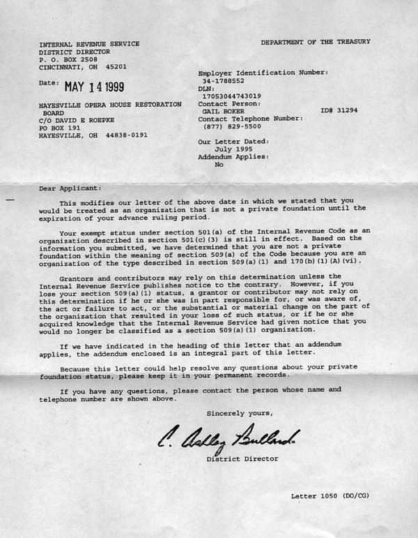 Hayesville Opera House Internal Revenue Service letter of determination.